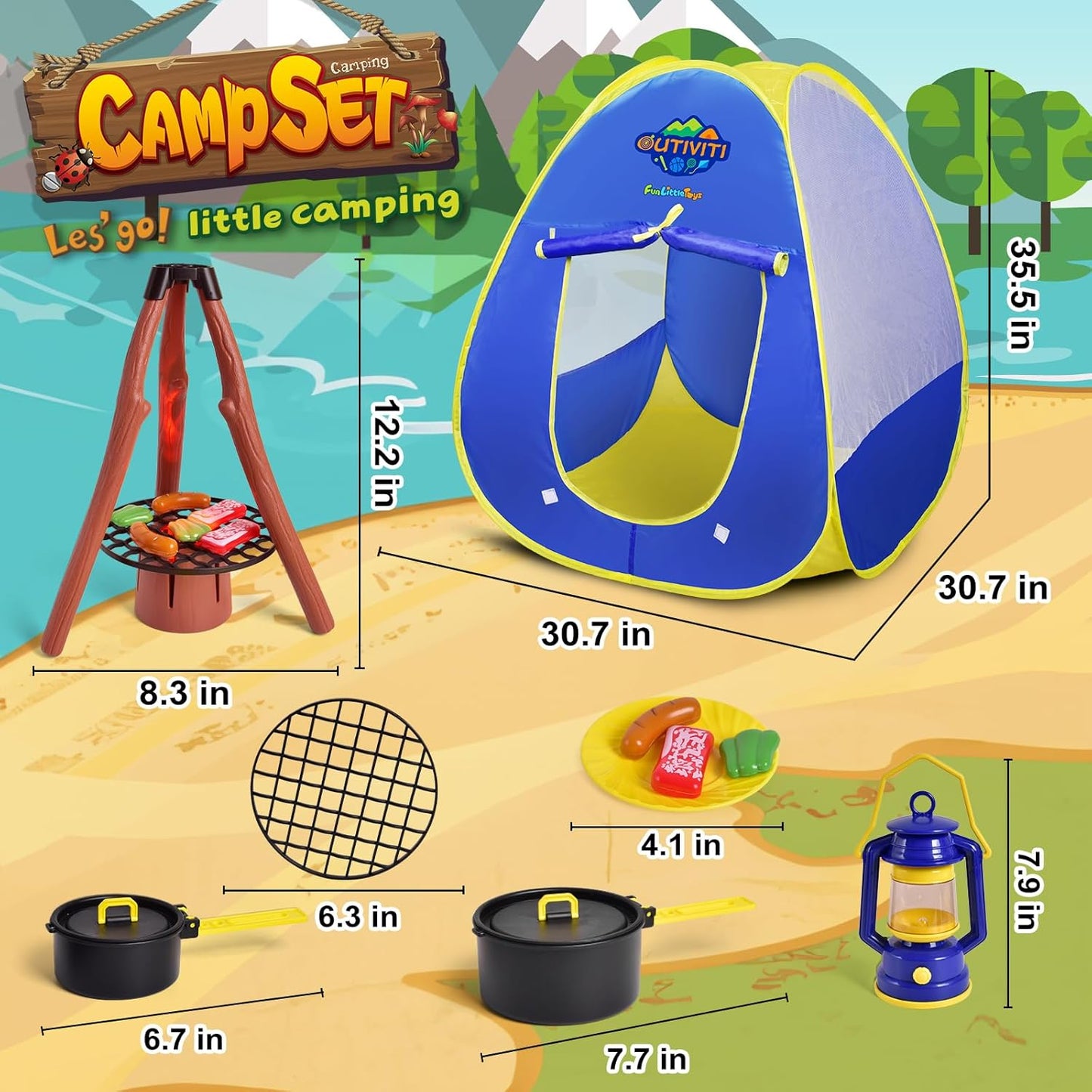FUN LITTLE TOYS Pop Up Play Tent with Camping Gear and Tools Set, Outdoor Toys for Kids