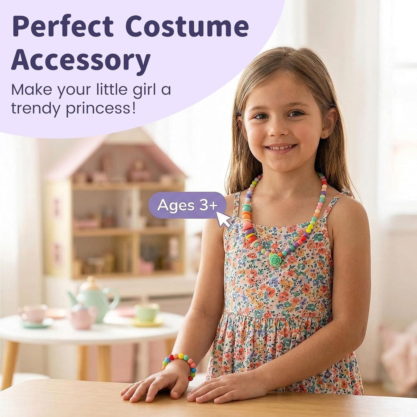 BigOtters Kindergarten Graduation Gifts, 3 Sets Toddler Necklace and Bracelet for Little Girls Colorful Beads Jewelry, Costume Dress up Princess Party Favors Preschool Class Rewards Bulk