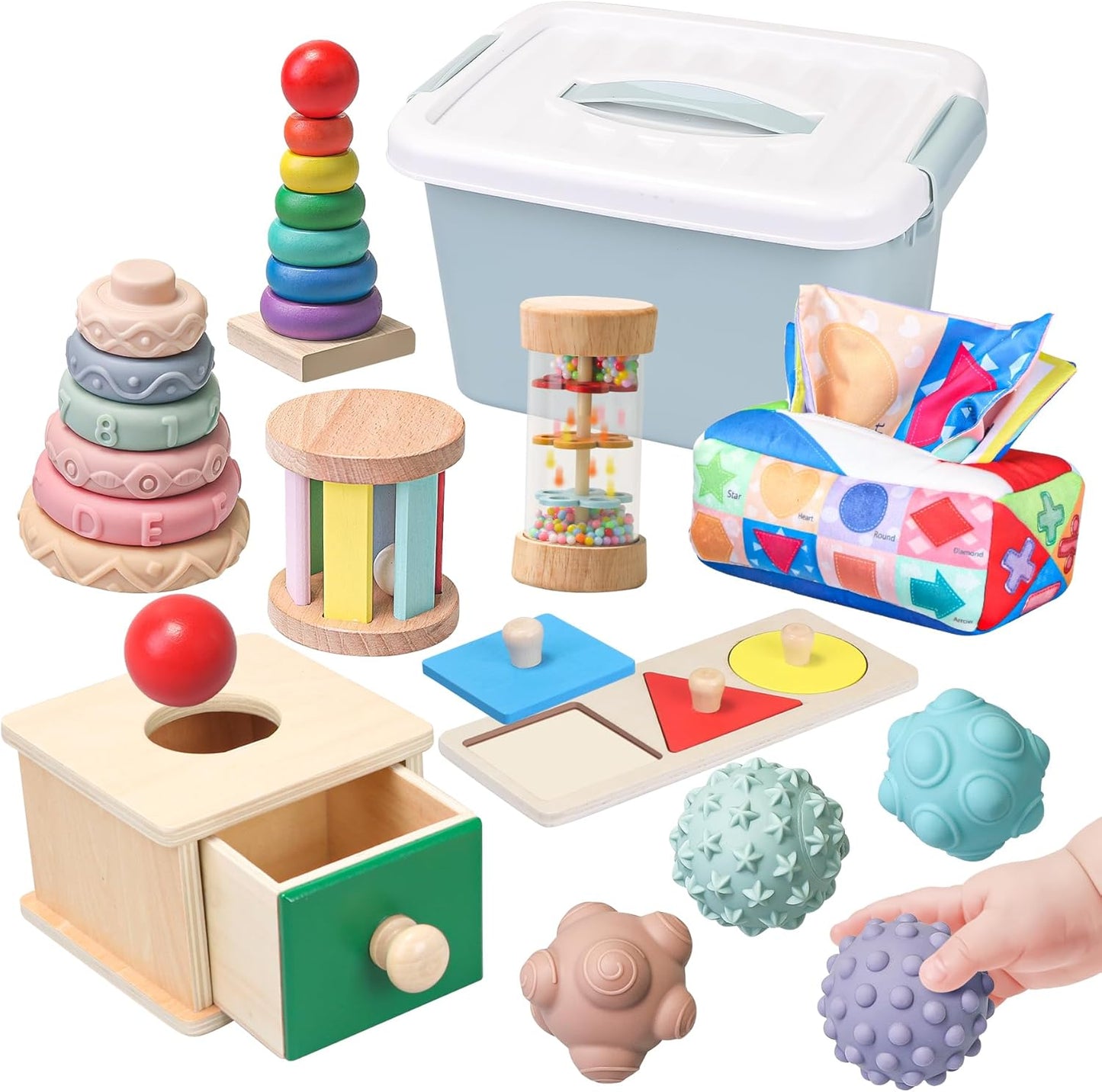 Montessori Toys for Babies 6-12 Months,1 Year Old,8 in 1 Learning Educational Set Wooden Sensory Toys for Baby Toys 12-18 Months (Includes Tissue Box Toy,Rainmaker and More)