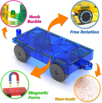 Magnetic Tiles Cars Construction Set, 4 PCS Magnet Cars Magnetic Building Blocks Toy for Kids Ages 4-8 3-5 Magnet Bricks Truck Kit Educational Sensory Toys Gifts for 3+ Year Old Boys & Girls Christmas