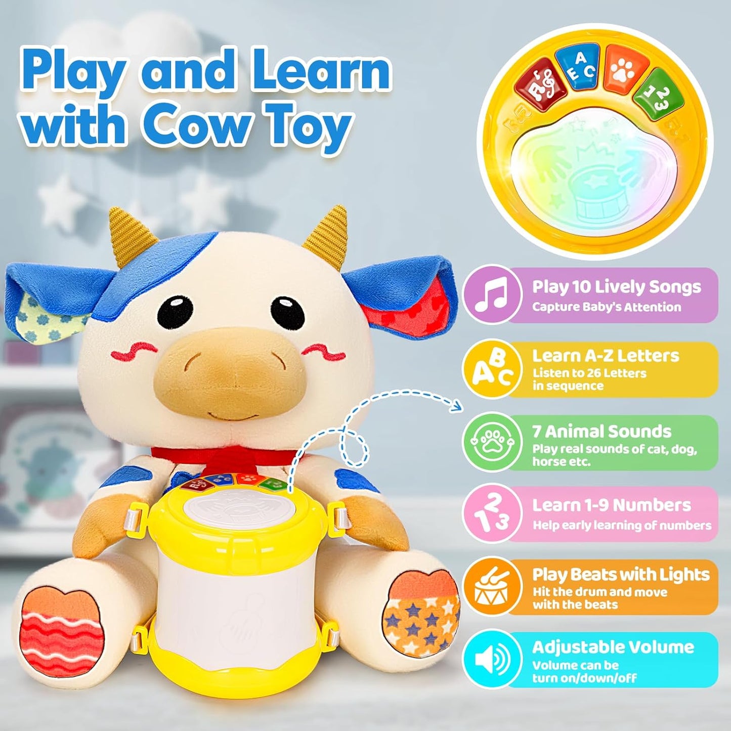 V-Opitos Stuffed Bear Musical Toys for Baby 6-12 Months+, Early Learning Light up Music Drum, Perfect Christmas Birthday Gifts for Boy & Girl Age 1, 2 Years Old