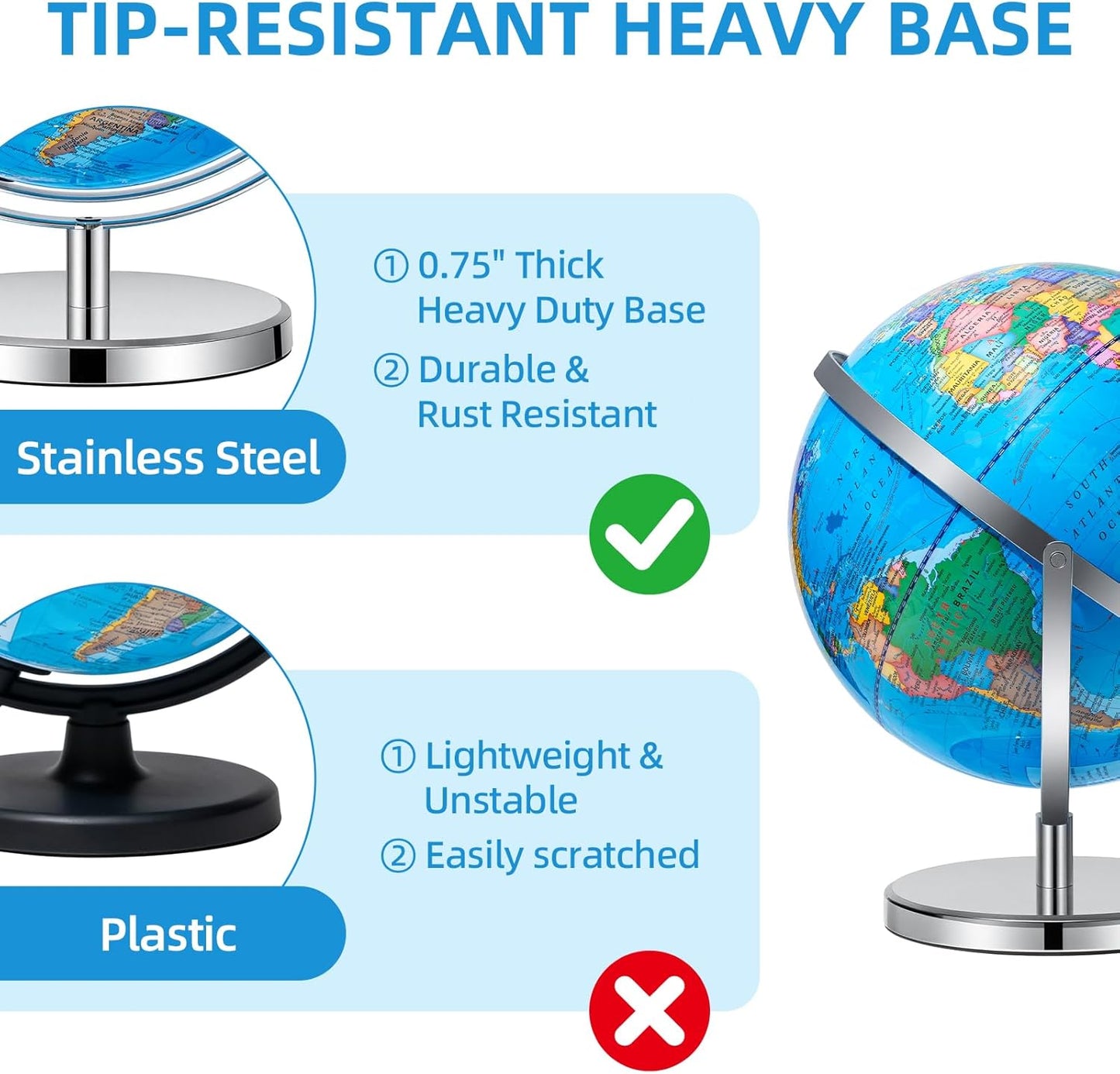 BSHAPPLUS World Globe with Stainless Steel Stand 13 inch, 720 Rotating & HD Waterproof Material, Teaching/Geographic/Decorative Globes with Clear Text for Elementary, Classroom, Home, School, Office