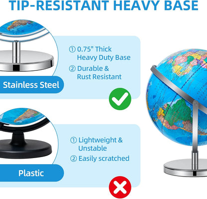 BSHAPPLUS World Globe with Stainless Steel Stand 13 inch, 720 Rotating & HD Waterproof Material, Teaching/Geographic/Decorative Globes with Clear Text for Elementary, Classroom, Home, School, Office