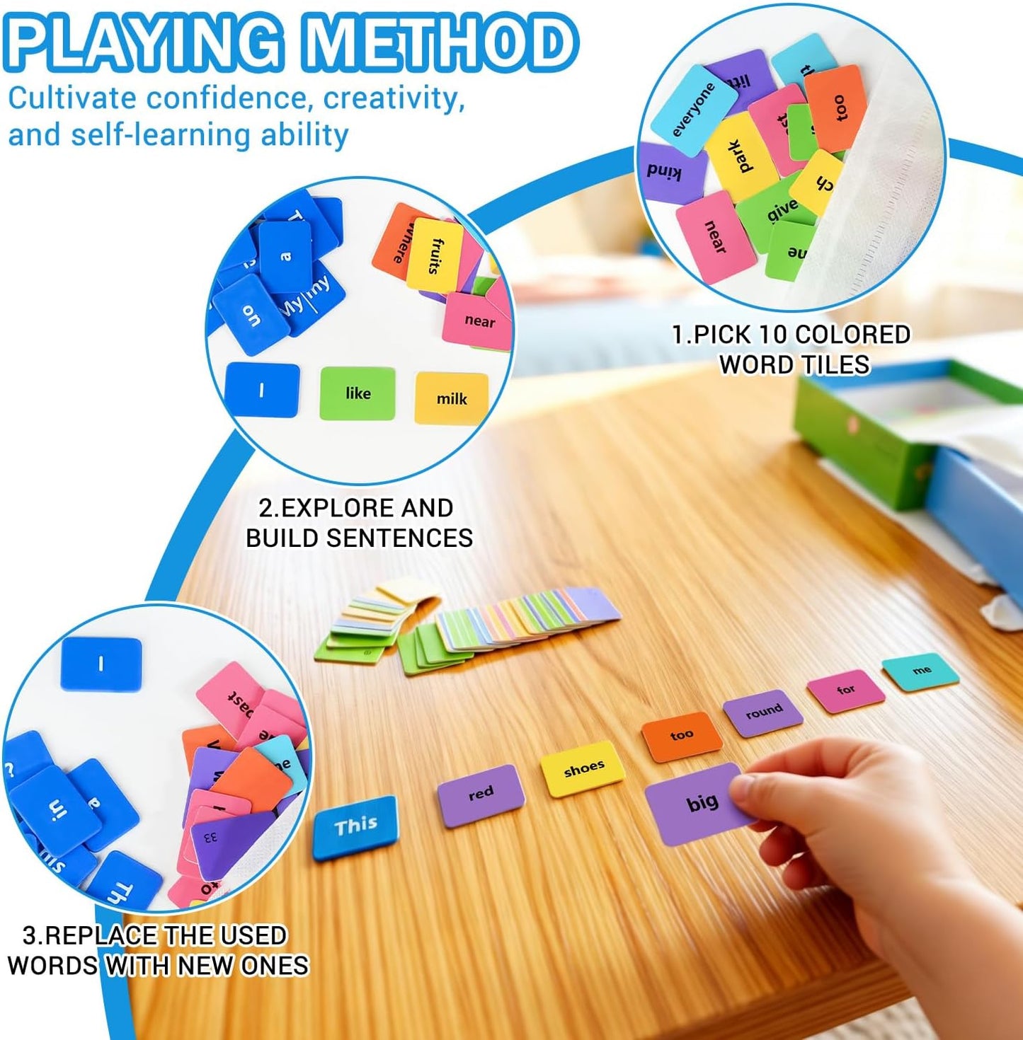 Sentence Building Game for Kids Ages 5-8 – 120+ Color-Coded Word Tiles, 20 Sentence Builder Tiles | Educational Learning Toys, Reading & Grammar Activity | Gifts for Boys and Girls