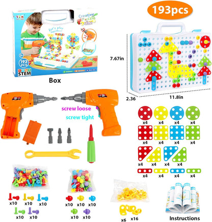 HAPTIME Design and Drill Toy,Educational Toys Building for Kids Ages 3-8,STEM Toys for 3 4 5 6 Year Old,193 Pcs Electric Drill Toy,Magic Montessori Play Toolbox for Toddler Boys Girls Preschool