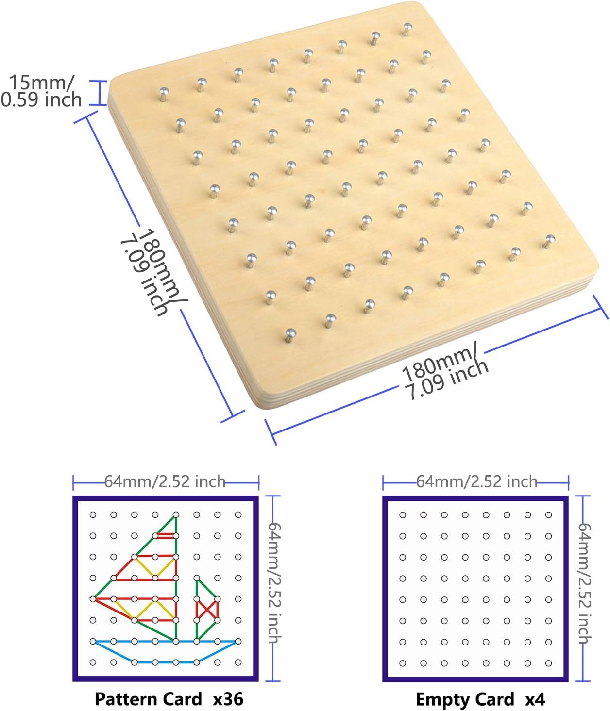 Thoth Montessori Wooden Geoboard Mathematical Manipulative Material Array Block Geo board with 36Pcs Pattern Cards and Rubber Bands Matrix 8x8 for Kids Graphical Educational Toys Early Development Toy