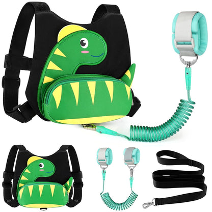 3 in 1 Toddler Harness Leash + Baby Anti Lost Wrist Link, Accmor Cute Dinosaur Child Safety Harness Tether, Kids Walking Wristband Assistant Strap Belt for Parent Boys Outdoor Activity (Black)