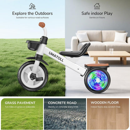Umatoll Tricycle for Toddlers 2-5 Year Old, Ajustable Toddler Bike Outdoor Toys, Birthday Gift for Girl Age 2-4, Trike with Light up Wheels