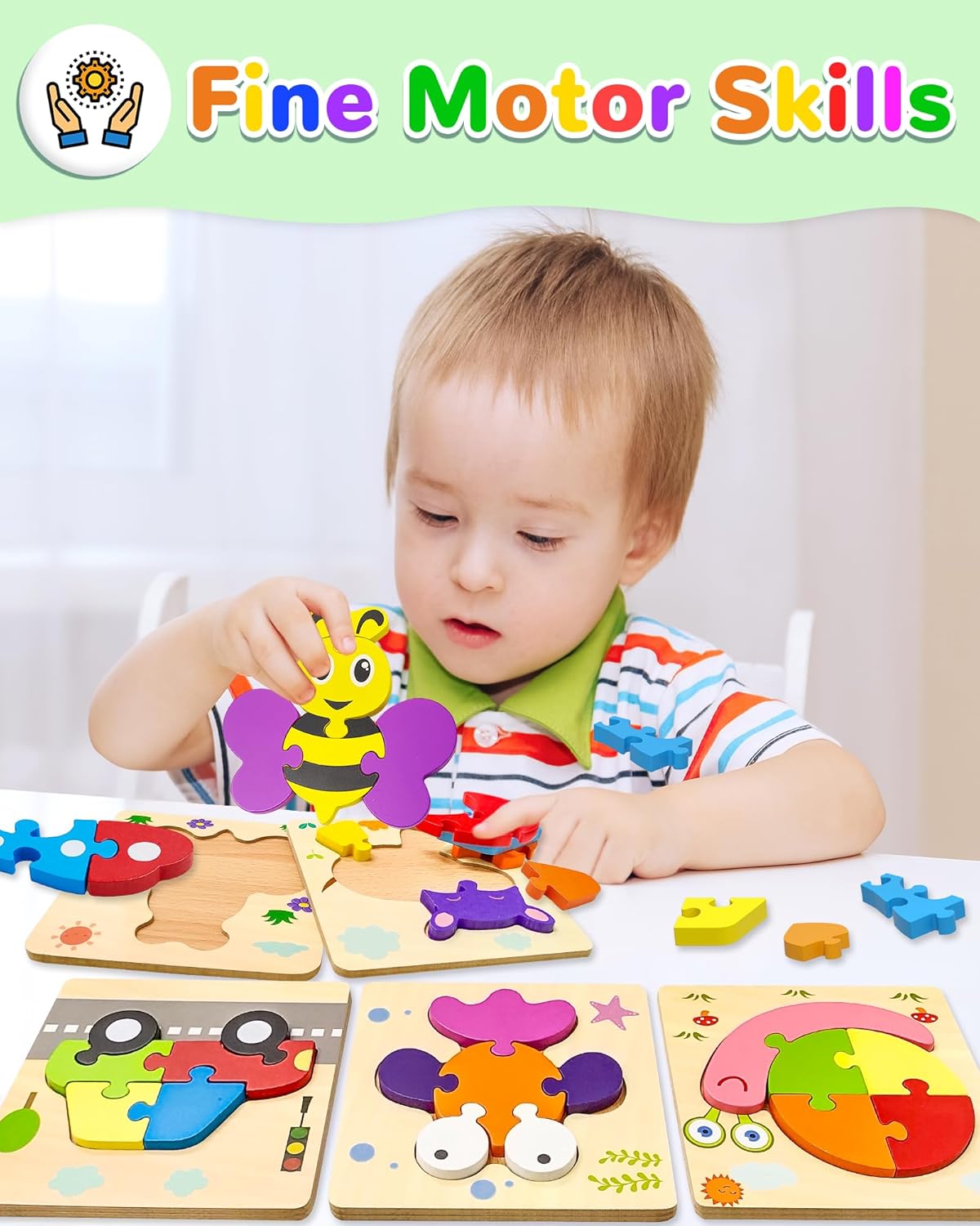 Yetonamr Wooden Toddler Puzzles Gifts Toys for 1 2 3 Years Old Boys Girls, 6 Vehicle Shape Montessori Toys Educational Blocks Kids Toys Gift Baby Learning Toy Age 1-3, 2-4