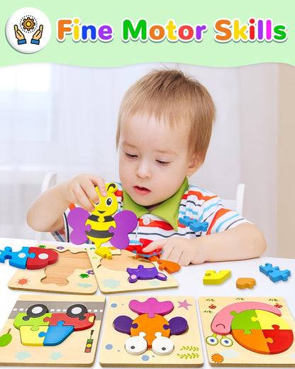 Yetonamr Wooden Toddler Puzzles Gifts Toys for 1 2 3 Years Old Boys Girls, 6 Vehicle Shape Montessori Toys Educational Blocks Kids Toys Gift Baby Learning Toy Age 1-3, 2-4