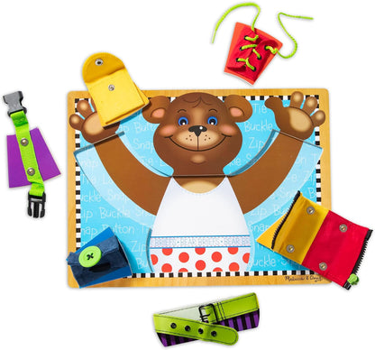 Melissa & Doug Basic Skills Puzzle Board - Wooden Educational Toy Learn to Button Busy Board, Activity for Fine Motor Skills, Developmental Toy for Toddlers Ages 3+