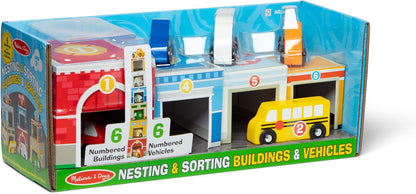 Melissa & Doug Nesting and Sorting Blocks - 6 Buildings, 6 Wooden Vehicles - FSC Certified