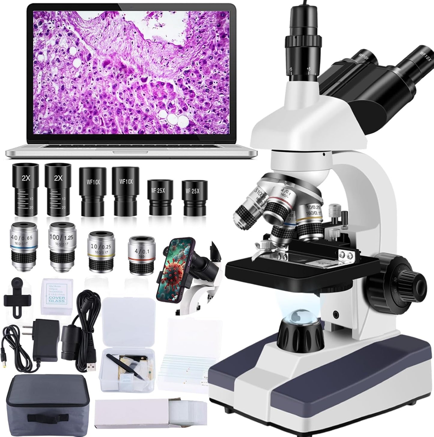 Microscopes for Adults WF10x and WF25x eyepieces Compound Microscope with Microscope Slides, Microscopes Kit for Kids Students Home School (Monocular Microscope with Big Bundle)