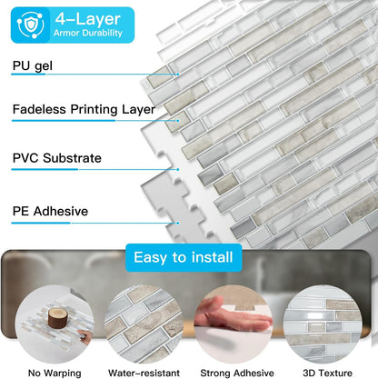 Art3d 10-Sheet Heavy-Duty Peel and Stick Backsplash, Waterproof Wall Tiles Stick on Kitchen Backsplash Living Space, Carrara Grey