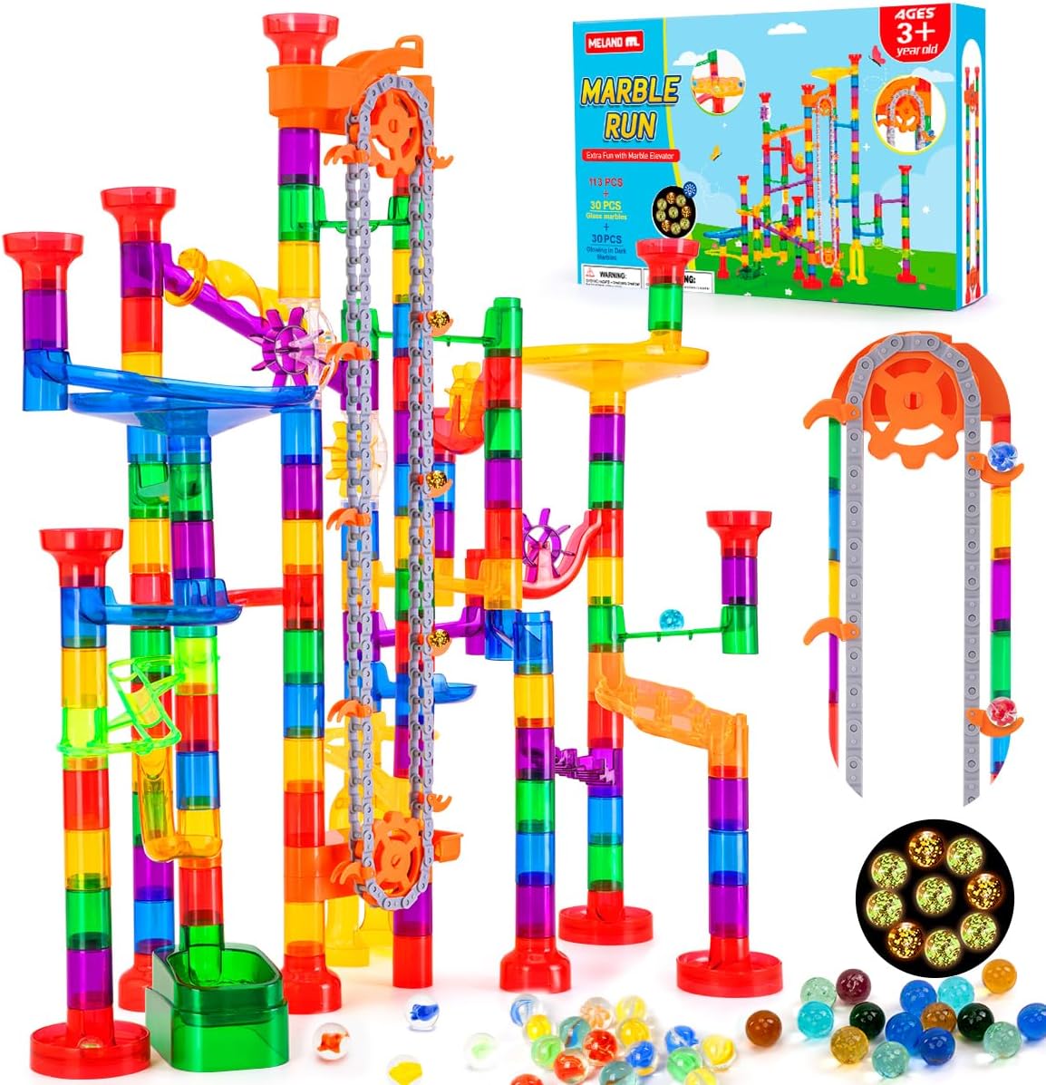 Meland Marble Run - 132Pcs Marble Maze Game Building Toy for Kid, Marble Track Race Set & STEM Learning Toys for Boy Girl Age 3 4 5 6 7 8 9+ (102 Translucent Marbulous Pcs & 30 Glass Marbles)