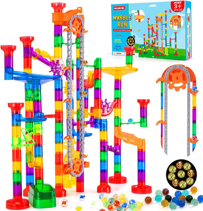 Meland Marble Run - 132Pcs Marble Maze Game Building Toy for Kid, Marble Track Race Set & STEM Learning Toys for Boy Girl Age 3 4 5 6 7 8 9+ (102 Translucent Marbulous Pcs & 30 Glass Marbles)