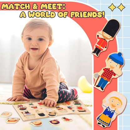 2 Set Wooden World Countries Puzzles for Toddlers 16 Mix and Match Racial Cognition Characters Diversity Educational Toys Multicultural Dress-Up Peg Puzzle Learning Toy for Boys and Girls