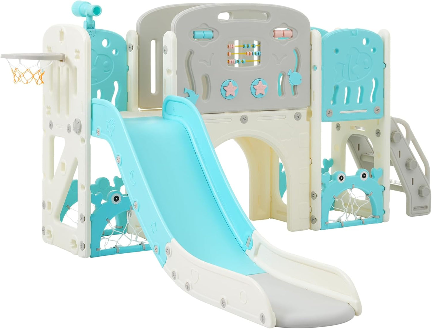 11in 1 Toddler Slide, Kid Slide for Toddlers Age 1-3 with Telescope, Basketball Hoop, and Telescope, Indoor Outdoor Playset Playground Blue Grey