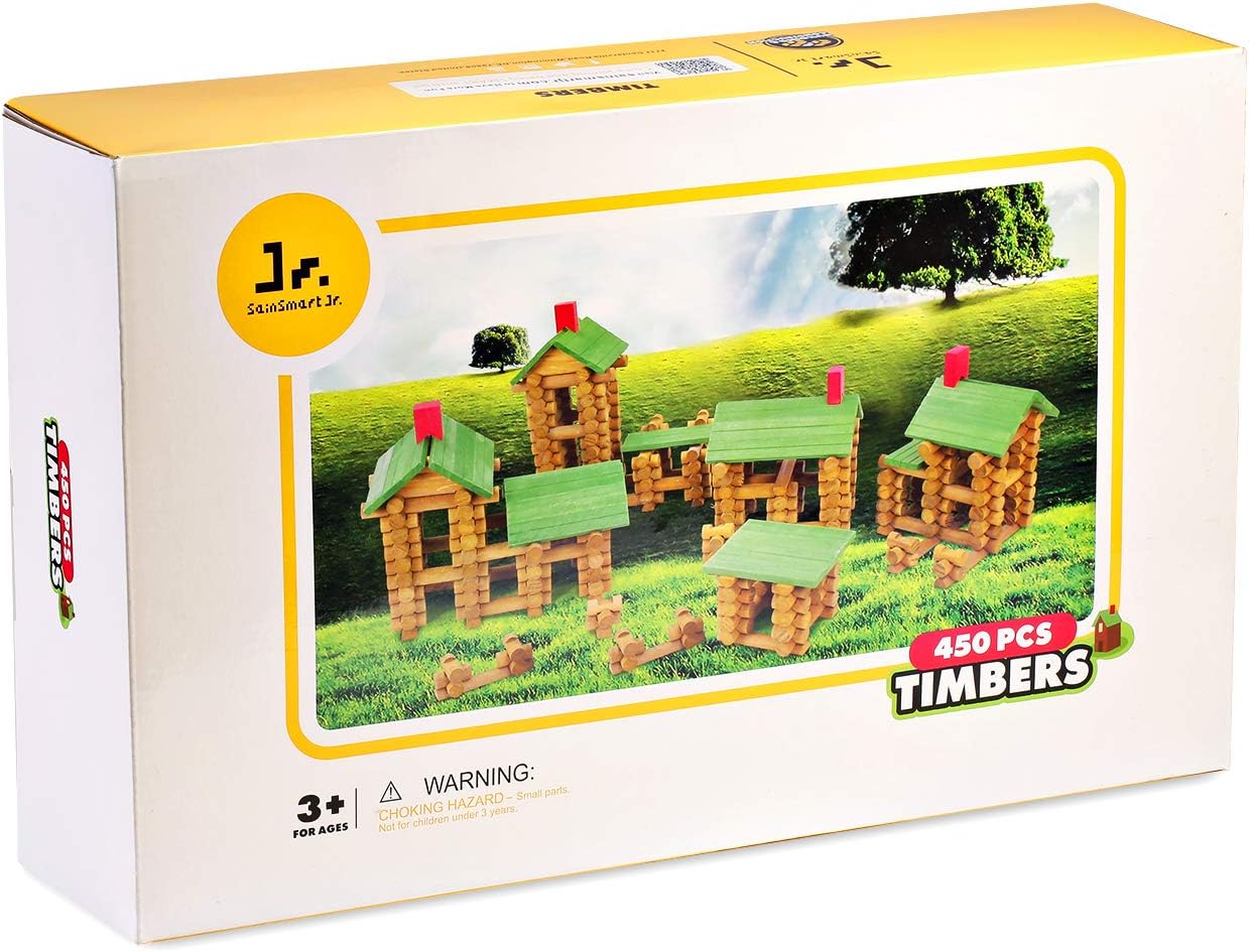 SainSmart Jr. 300 PCS Wooden Log Cabin Set Building House Toy for Toddlers, Classical STEM Construction Kit Compatible with Lincoln Logs for 3+ Kids