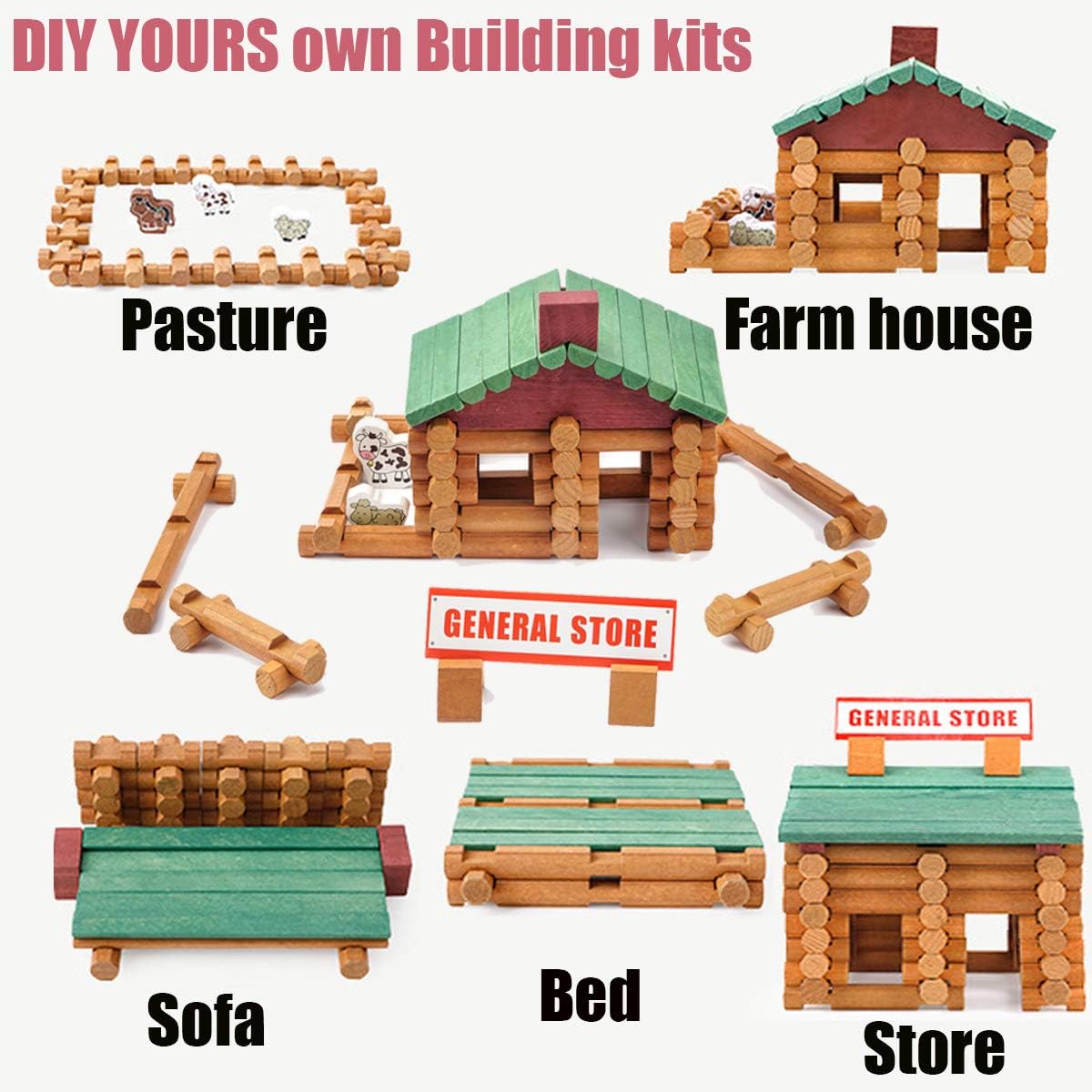 Joqutoys 90 Pcs Wood Building Blocks Toy for Toddlers, Classic Wooden Cabin Log Set Preschool Education Toy, Creative Construction Engineering Educational Toys for 3 4 5 6 Years Boys