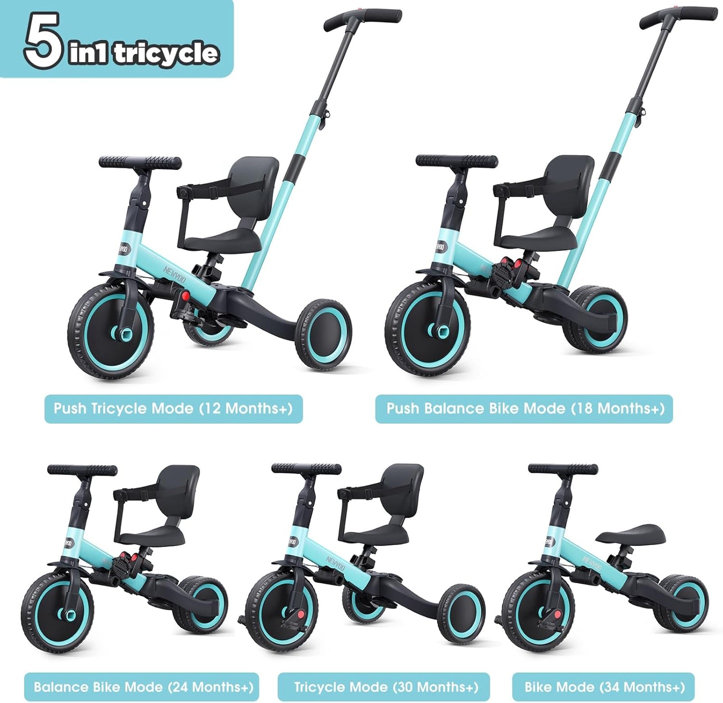 newyoo Toddler Tricycle with Push Handle for 1-3 Year Old, Toddler Bike, Birthday Gift and Toy for Boys and Girls, 5 in 1 Kids Trike, Balance Bike with Backrest and Safety Belt, Khaki, TR007