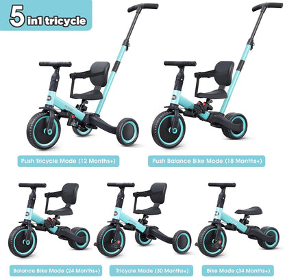 newyoo Toddler Tricycle with Push Handle for 1-3 Year Old, Toddler Bike, Birthday Gift and Toy for Boys and Girls, 5 in 1 Kids Trike, Balance Bike with Backrest and Safety Belt, Khaki, TR007