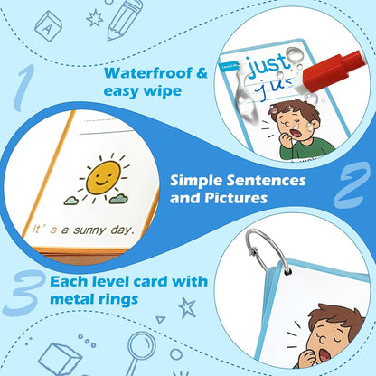 CVC Word Games&Writing Practice Card,300 Sight Words Flash Cards for Kindergarten & Toddlers-5 Levels Learning Cards with Picture Sentences Include 5 Dry Erase Markers & Rings