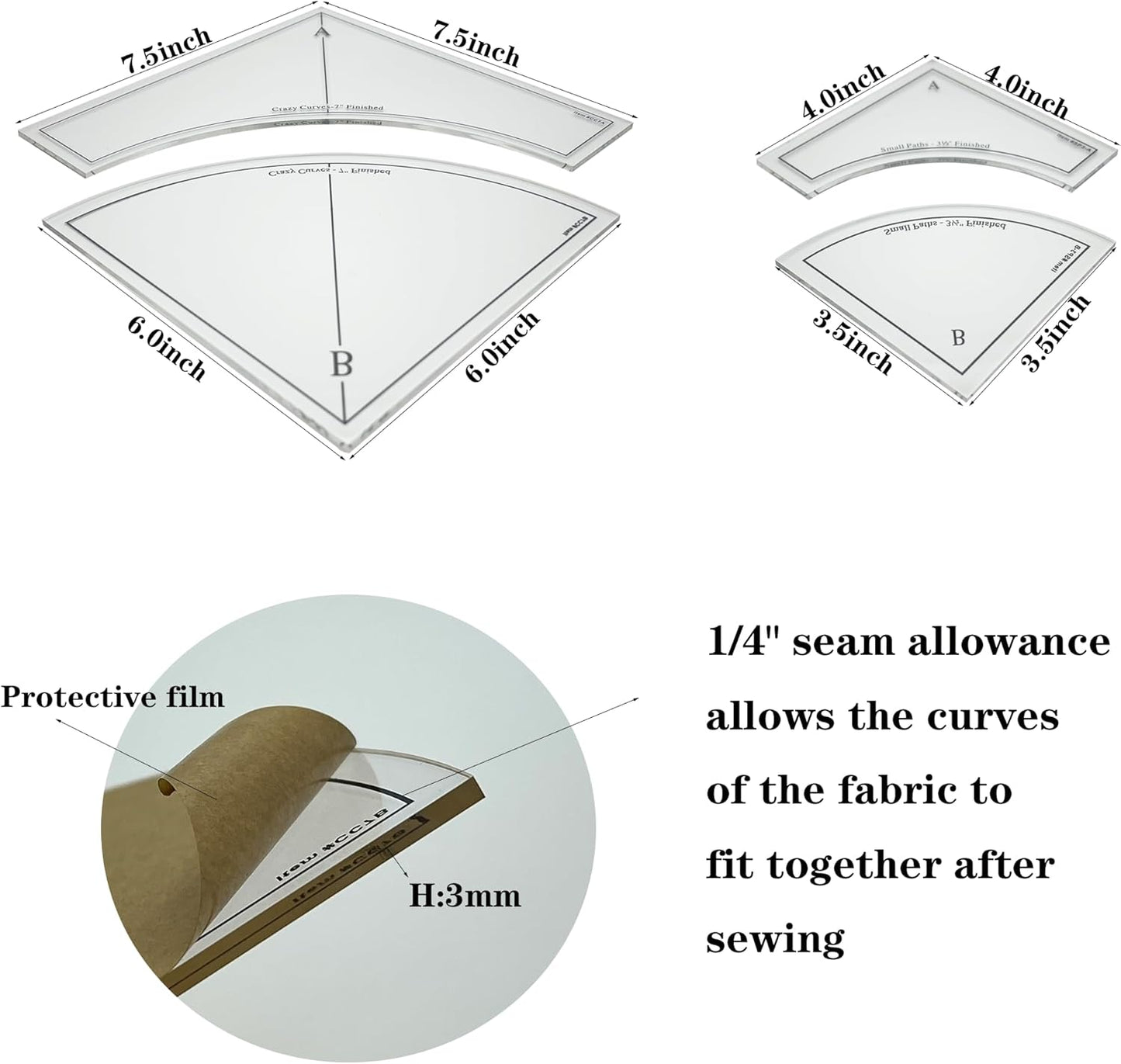 Melon Block Quilting Templates Set: Free Motion Quilting, Clear Acrylic for Creative Curved Patterns, 1/4” Seam Allowance (3pc)
