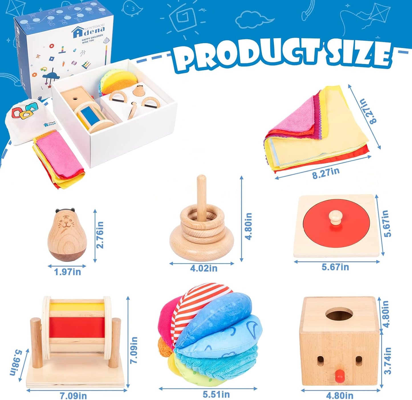 Adena Montessori Play Kit for 3-4 Months Baby,8 in 1 Wooden Learning Educational Toys for Toddler,Include Framed Mirror Book,High-Contrast Cards and More,Christmas Birthday Gift for Boys Girls