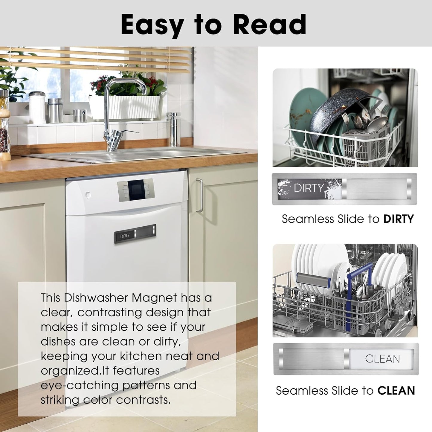 Clean Dirty Magnet for Dishwasher, Premium Stainless Steel, Dirty/Clean Speckled Design, Durable Magnet & Clear Indicators with Extra Tape (Silvery-Gray-01)
