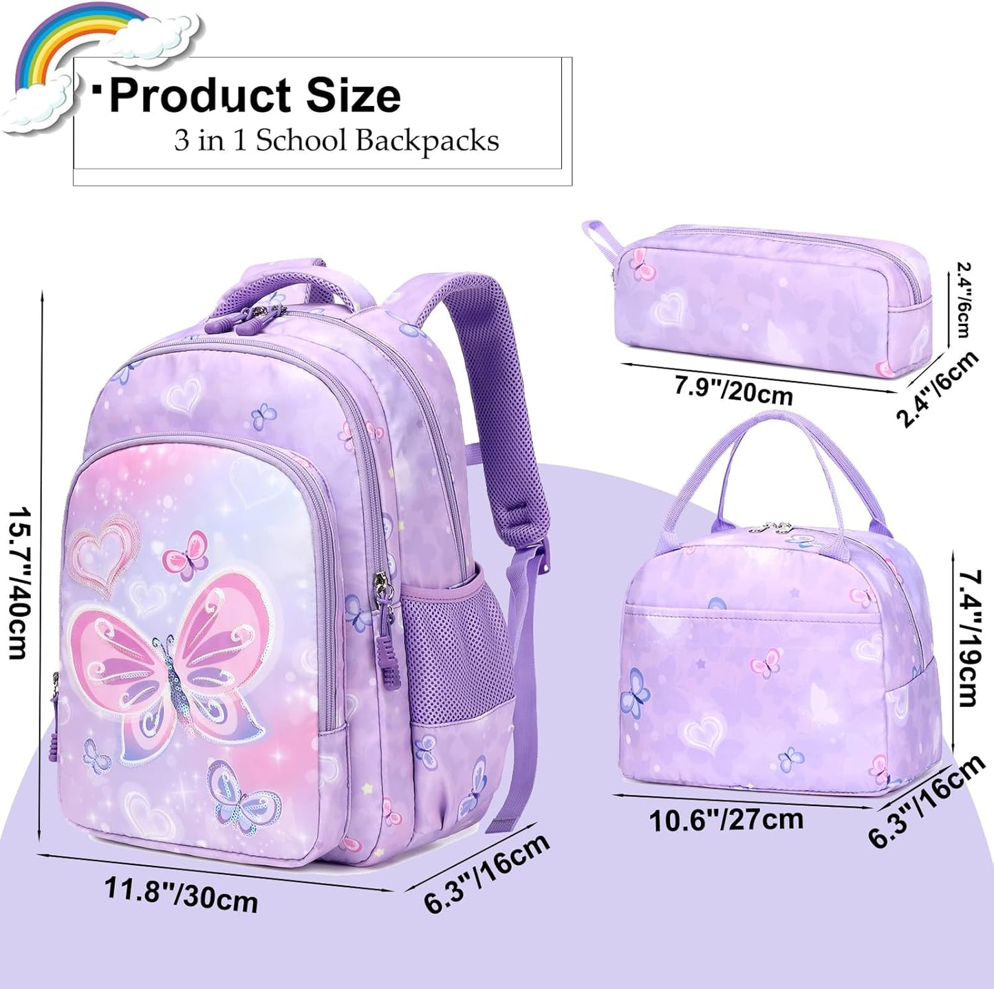 Girls Backpack for Elementary Unicorn Backpack Kids Backpack School Bookbag for Girls 3 in 1 Set Back to School