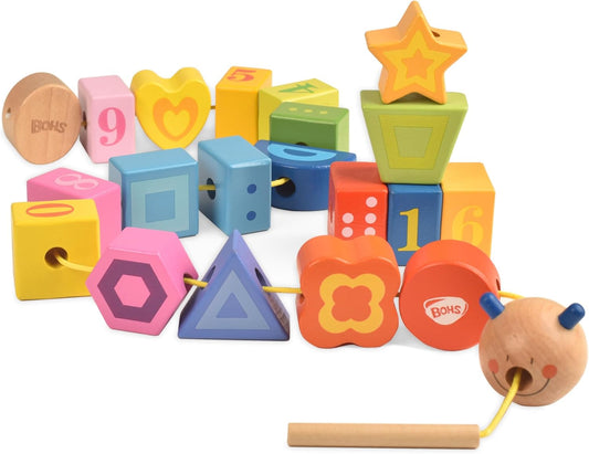 BOHS Caterpillar Lacing Blocks - Threading & Stacking - Toddler Learn Counting, Numbers and Shapes- Baby Kids Fine Motor Skills Toys