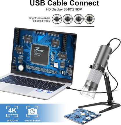 4K 3840x2160p WiFi Digital Microscope for iPhone Android Phone and Windows Mac PC, Wireless Handheld Microscope Camera, Portable Microscope with Metal Stand for Adults and Kids