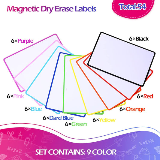 54 Pack Magnetic Blank Cards - Large Dry Erase Magnets, Multipurpose Erasable Labels - 5.6 x 3.7 Inch (Color Borders)