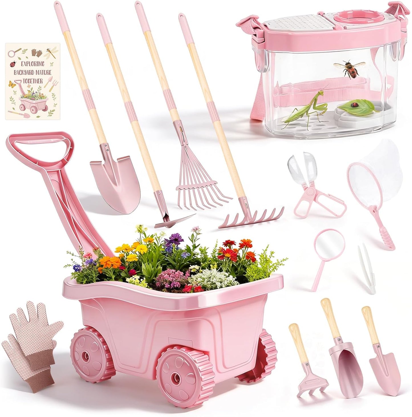 Dreamon Kids Gardening Tools & Bug Catcher Kit, 2-in-1 Outdoor Toys with Wheelbarrow and Bug House, STEM Educational Toys for 3 Year Old, Birthday Gifts Outdoor Gifts for Kids 3-5, Green