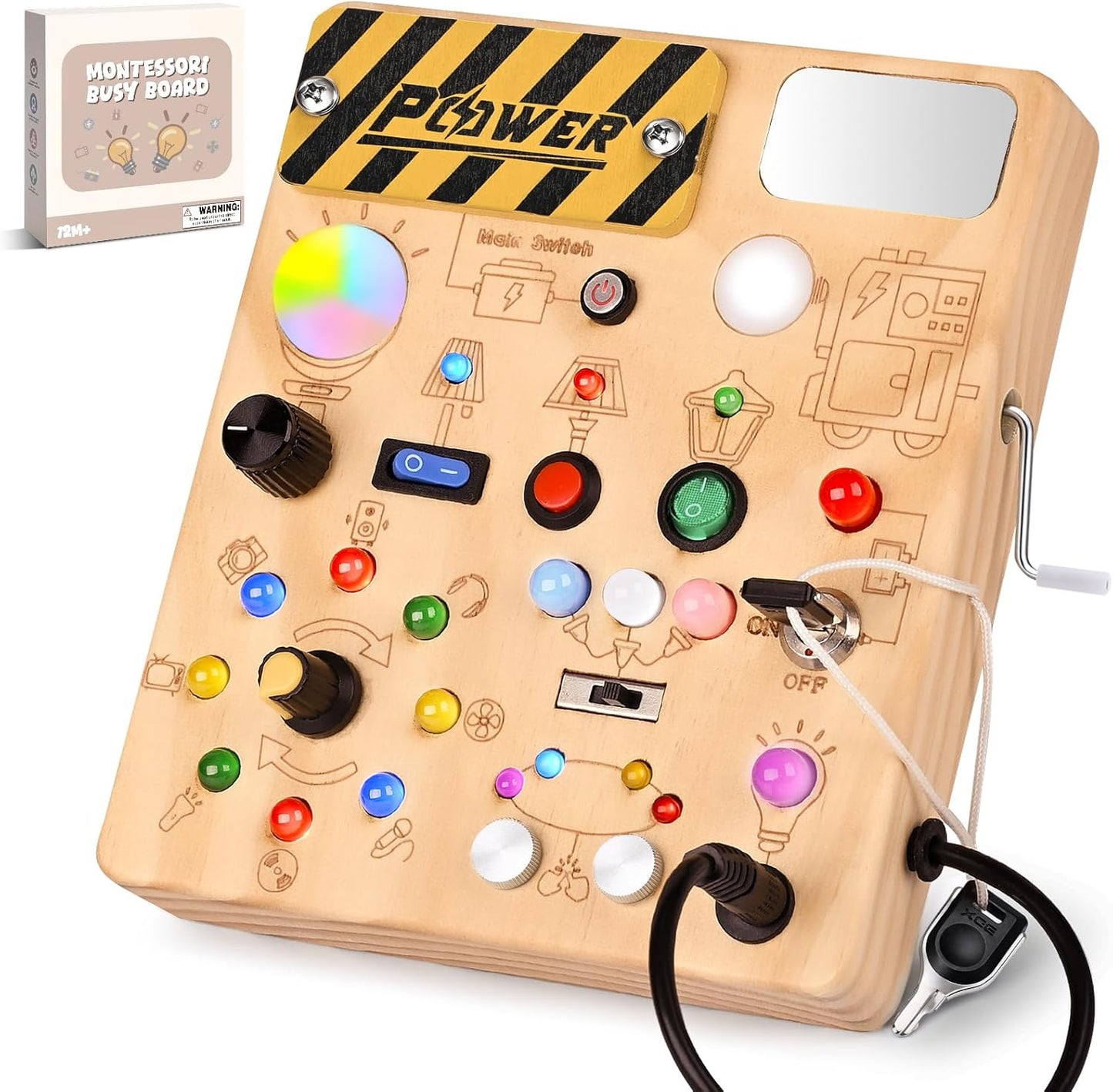 LED Busy Board for Toddlers - Montessori Sensory Toy with 10 Switches & 19 Lights, Wooden Activity Board for Fine Motor Skills, Ideal Educational Birthday Travel Toy Gift for 1 2 3 Year Old Boys Girls