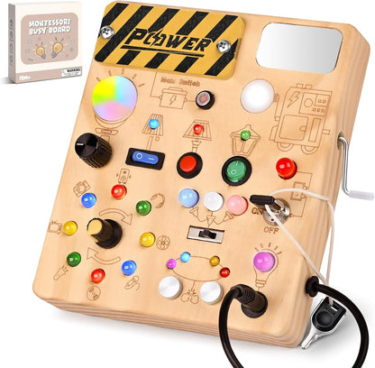 LED Busy Board for Toddlers - Montessori Sensory Toy with 10 Switches & 19 Lights, Wooden Activity Board for Fine Motor Skills, Ideal Educational Birthday Travel Toy Gift for 1 2 3 Year Old Boys Girls