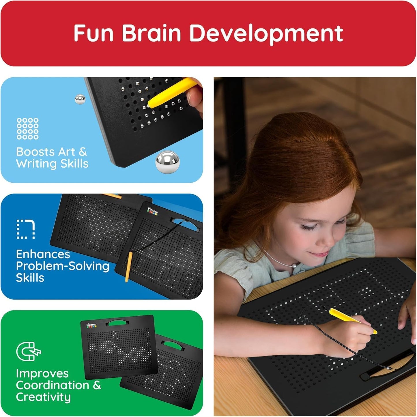 PicassoTiles 2PK 4-in-1 Magnetic Drawing Board 12x10 inch Large Magnet Tablet Pad with 4 Facings Lowercase & Uppercase Alphabets, Numbers, & Freestyle STEM Learning Writing Reading Playboard PTB06