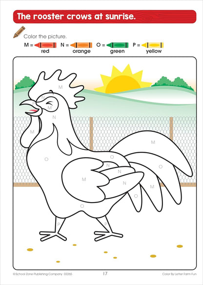 School Zone Color by Letter Farm Fun Workbook: 64 Pages, Preschool, Kindergarten, 1st Grade, ABC's, Alphabet, Color Skills, Coloring, Matching, Farm Animals, Ages 4-6 (Activity Zone Book Series)