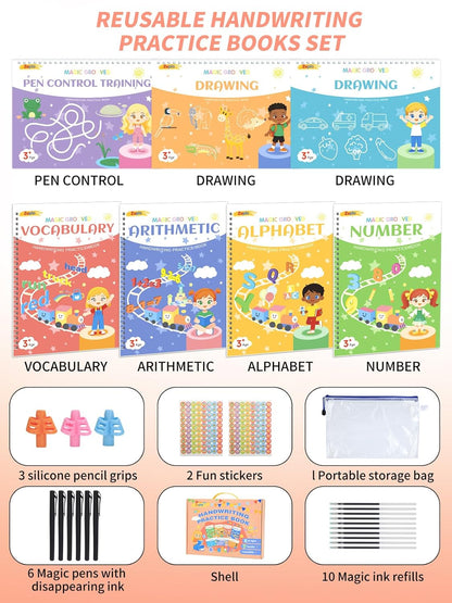 Magic Grooved Writing Practice for Kids Ages 3-8, Reusable Handwriting Workbooks for Preschool Learning, Letters Numbers Math & Drawing Tracing Books with Disappearing Ink Pens, Educational Gift