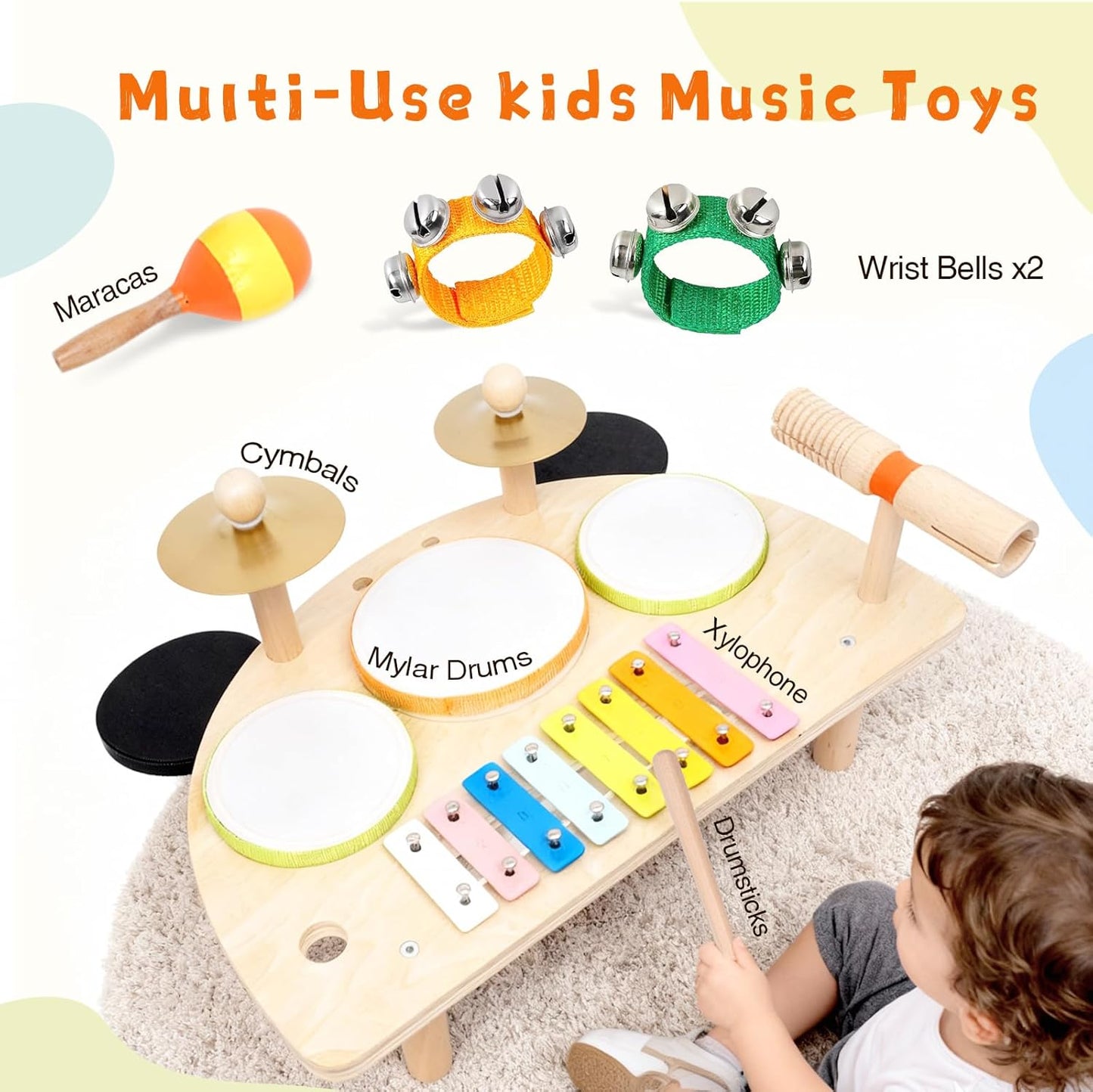 Kids Drum Set, Montessori Musical Instruments for Toddlers 1-6, Wooden Toys Montessori Music Table, Xylophone Drum Kit, Birthday for Boys Girls