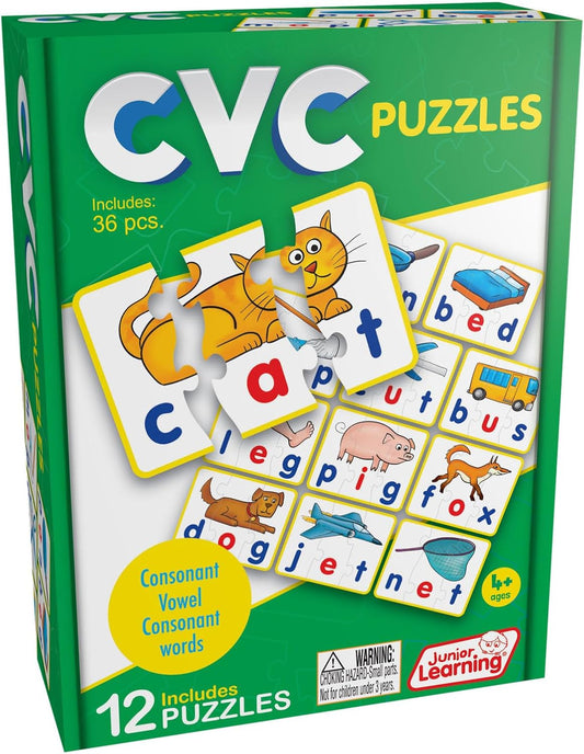 Junior Learning CVC Puzzles - Color-Coded Phonics Word Games for Kindergarten, Self-Correcting Consonant Vowel Consonant Reading Puzzle Set, 36 pcs, Ages 4+