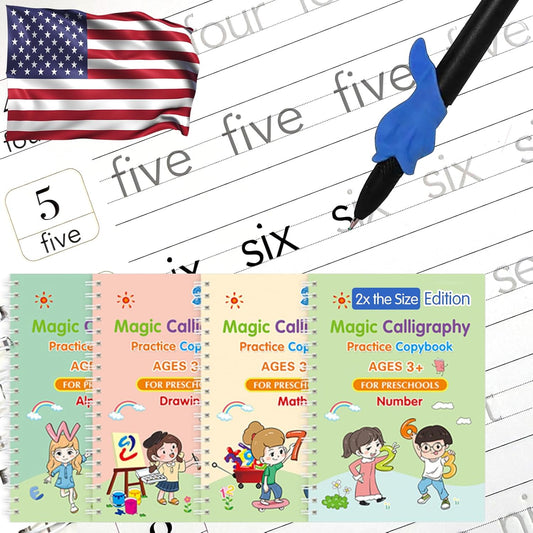 4 Magic Grooved Writing Practice for Kids - English Pre K Tracing Practice Book, Reusable Preschool Handwriting Workbooks Without Tears, 4-Theme Copybooks with Pen Refill for Age 3-10 (English, Small)