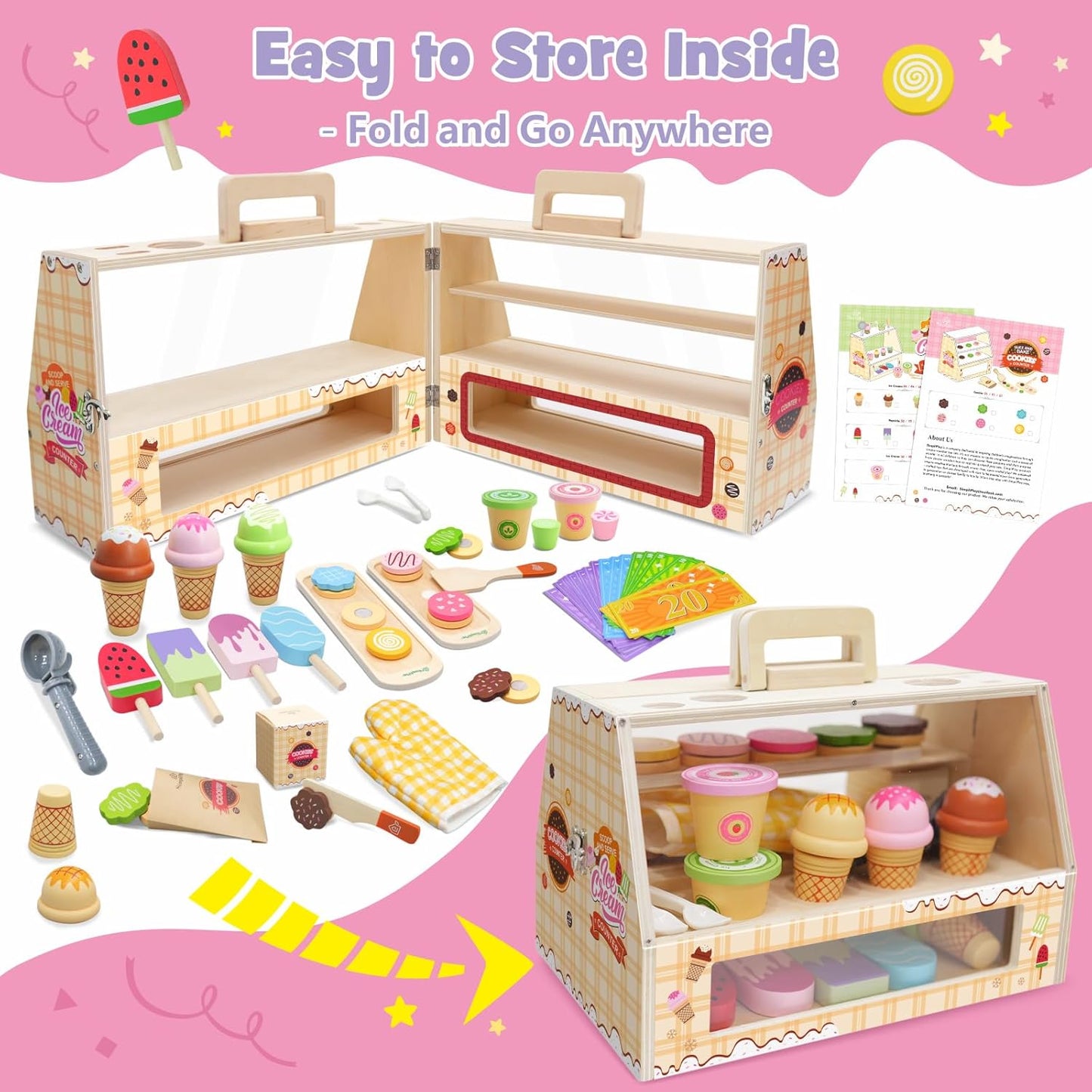 SIMPLIPLAY 2 in 1 Portable Wooden Ice Cream Toy & Cookie Play Set (63pcs), Slice and Bake Cookies, Scoop and Serve Ice Cream Counter with Pretend Play Food, Play Kitchen Accessories, Kids Gift Ages 3+