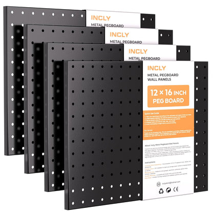 INCLY 70PCS Pegboard Wall Organizer, 4PCS Metal Peg Board Panels with 66PCS 1/4" Pegboard Hooks Accessories Kit, Black Peg Board for Walls Home, Garage Tool Storage, Workbench Organization