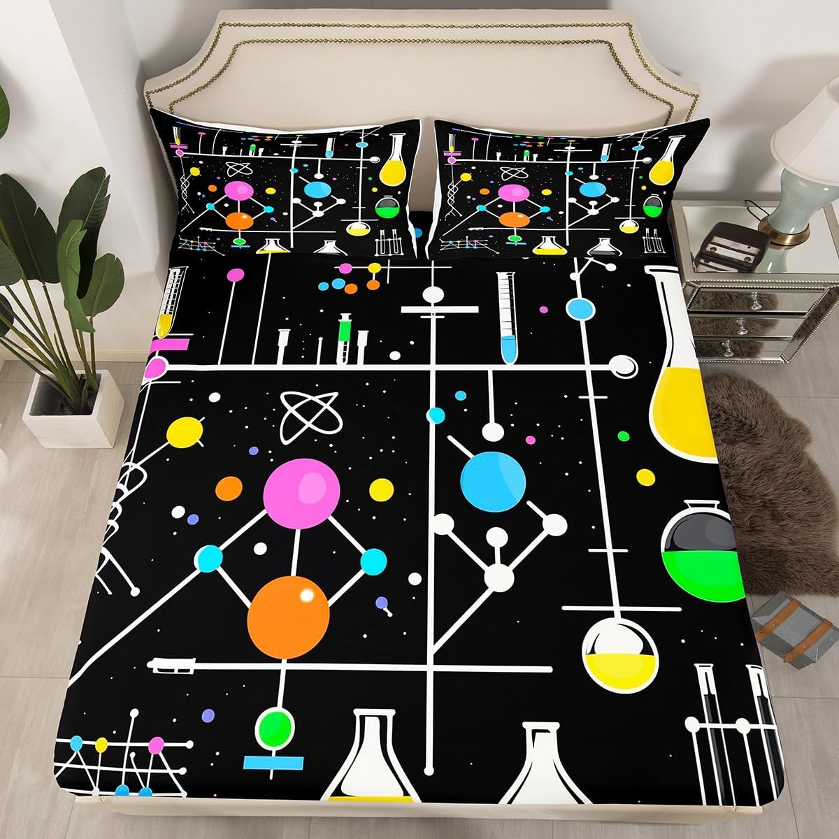 Chemistry Bed Sheets for Kids Teens Girls Boys,Chemical Experiment Fitted Sheet Twin,Science Themed Sheets for Math Lovers,Chemistry Lab Bedding Set,White and Black