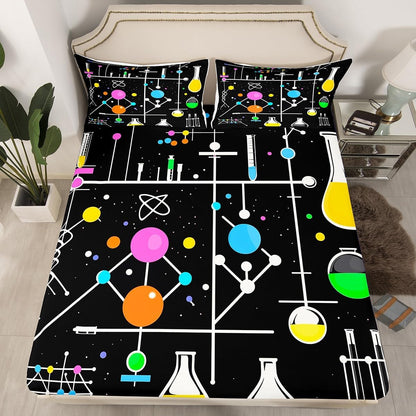 Chemistry Bed Sheets for Kids Teens Girls Boys,Chemical Experiment Fitted Sheet Twin,Science Themed Sheets for Math Lovers,Chemistry Lab Bedding Set,White and Black