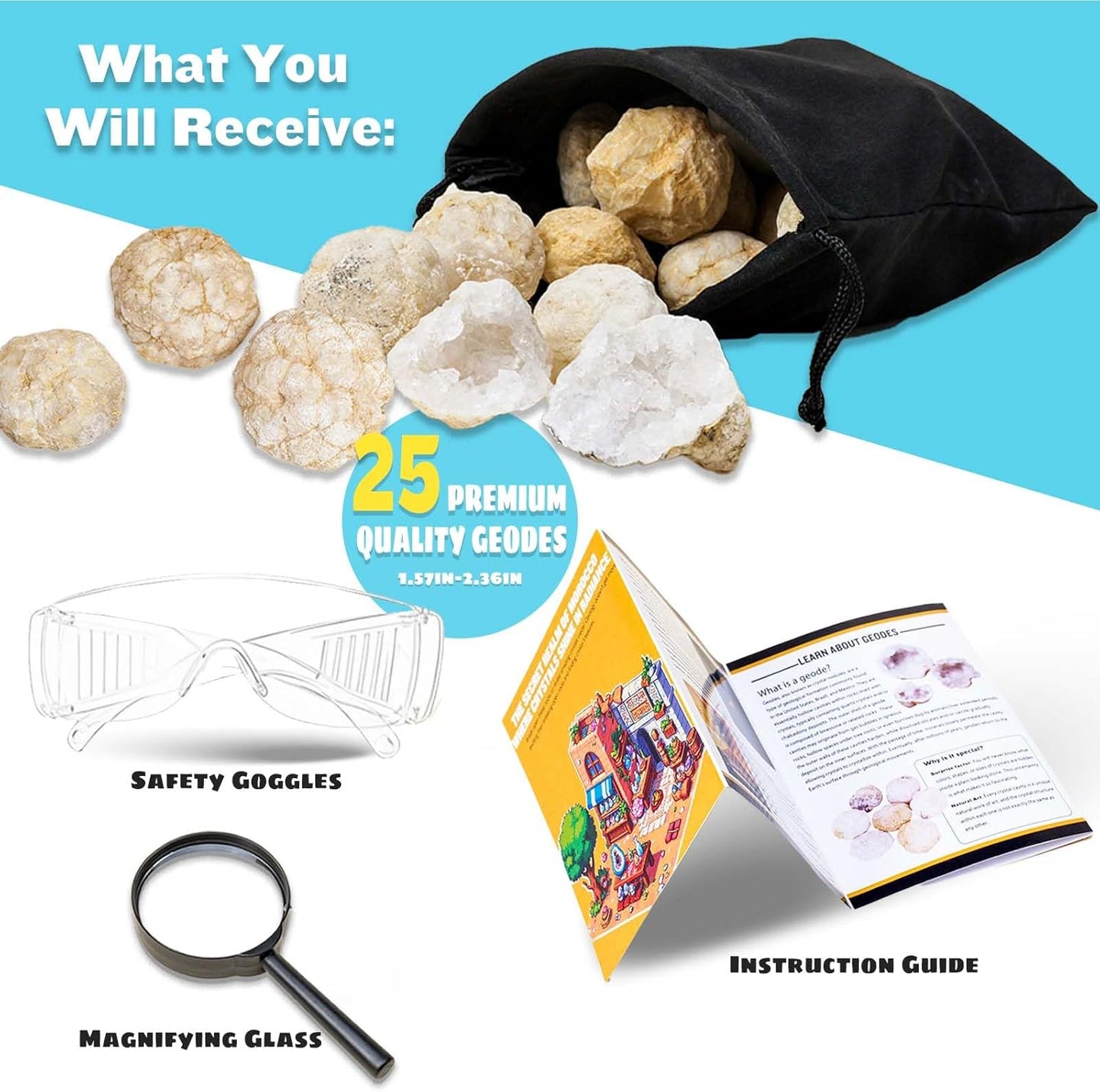 Runyangshi 25 Pcs Morocco Geode Break Your Own Kit - 1.18-1.57 in Natural Geodes with Magnifying Glass, Safety Goggles, Velvet Bag, Instruction Guide, STEM Science Kit for Rock Enthusiasts
