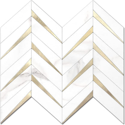 STICKGOO 10-Sheet Herringbone Tile Peel and Stick Backsplash, Beige Mixed Metal Gold PVC Stick on Backsplash, Self Adhesive Wall Tile for Kitchen and Bathroom