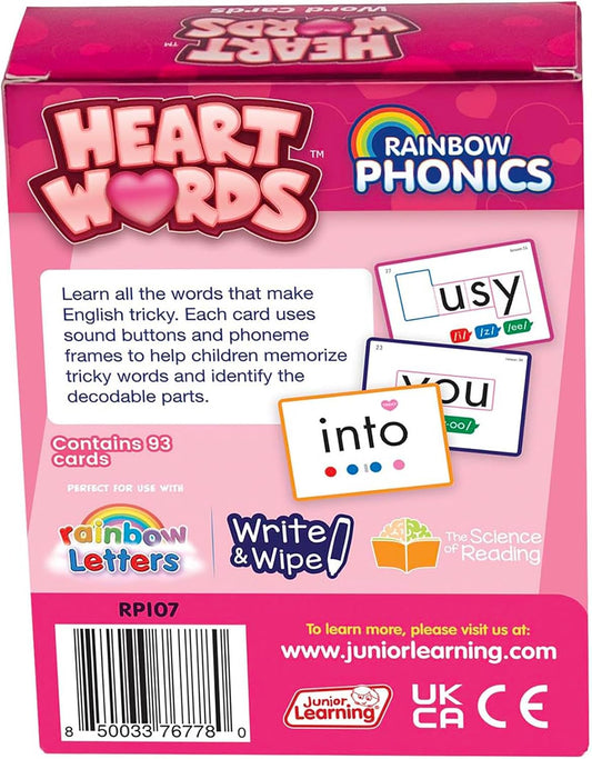 Junior Learning: Rainbow Phonics - Heart Words - 93 Word Cards, Flash Cards Use Visual Clues to Learn Core Words, Level Based Cards, Kids Ages 4+
